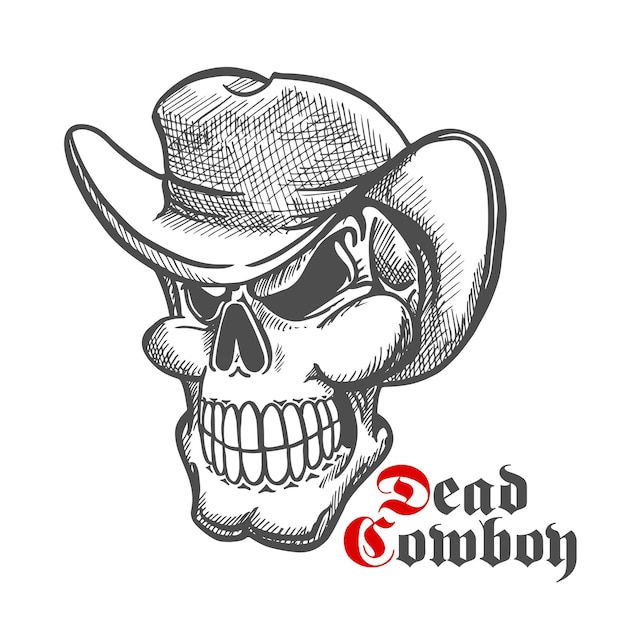 Skull of dead cowboy in hat sketch symbol