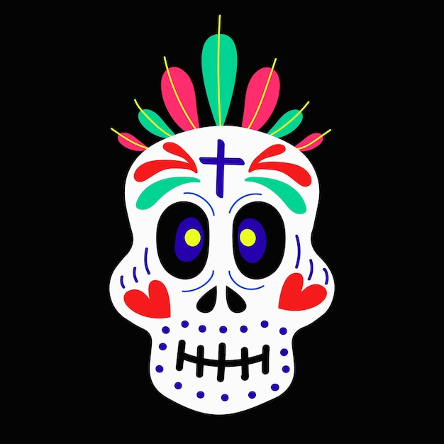 A skull decorated with ornaments, hearts, feathers for the celebration of the Day of the Dead and Halloween Vector illustration