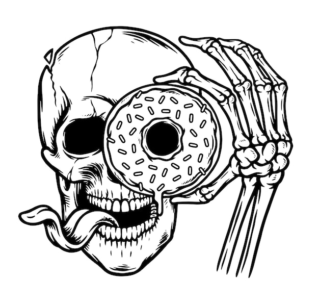 Vector skull and donut in the face line illustration