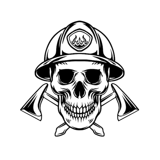 Skull firefighter black and white vector illustration