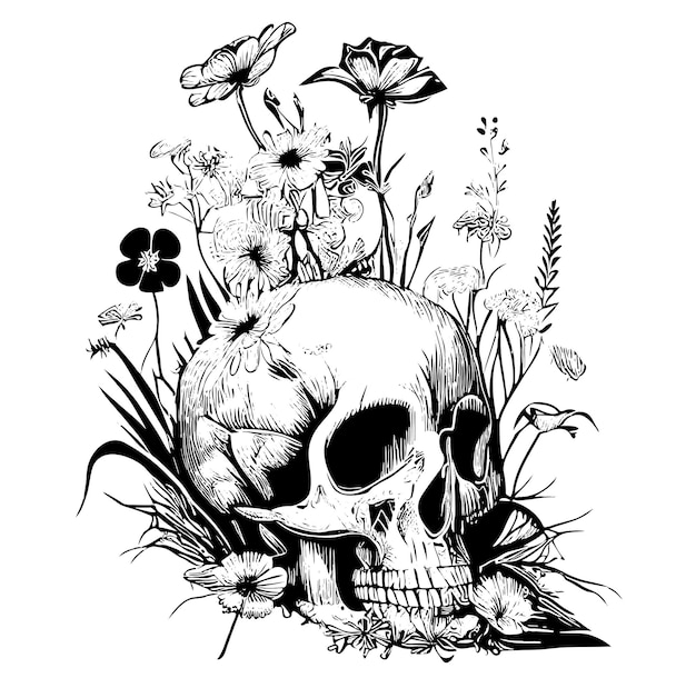 A skull and flowers are shown on a white background.