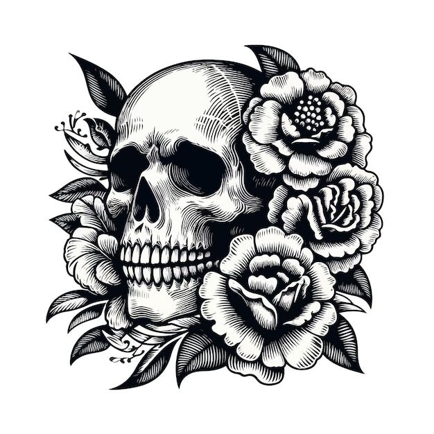 a skull and flowers are on a white background