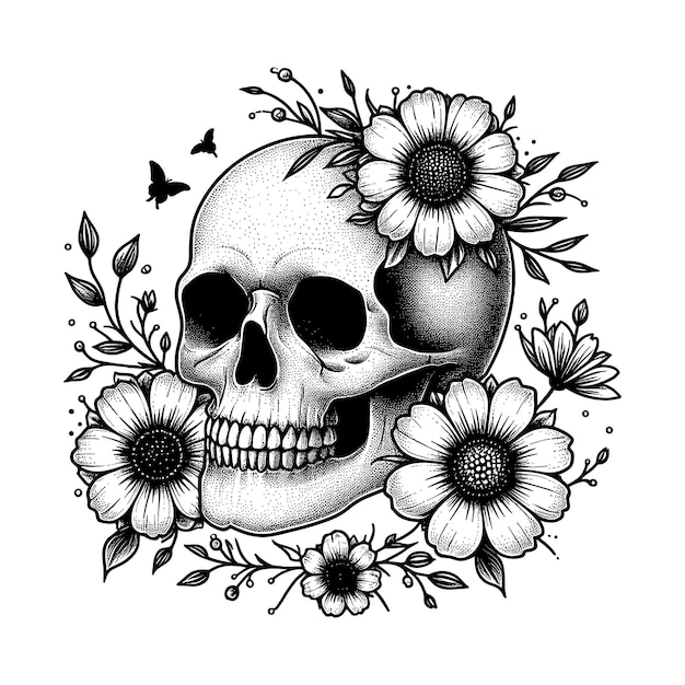 a skull and flowers are on a white background