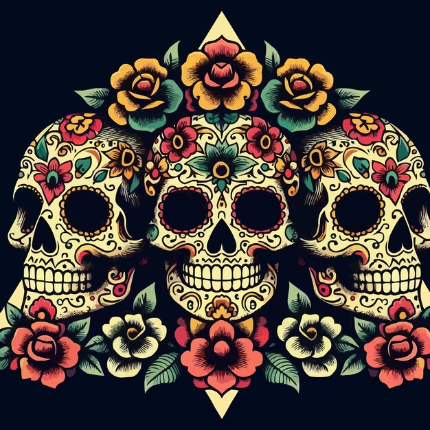 Vector a skull and flowers design with a skull and the words  death  on the top