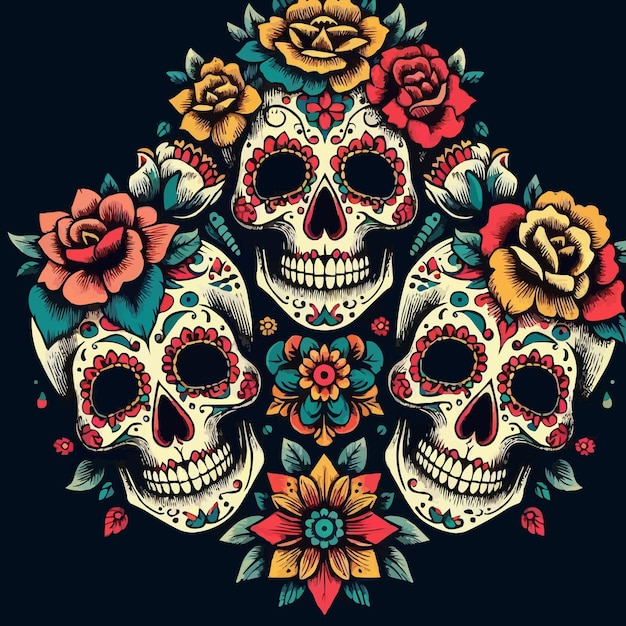 a skull and flowers design with a skull and the words  death  on the top