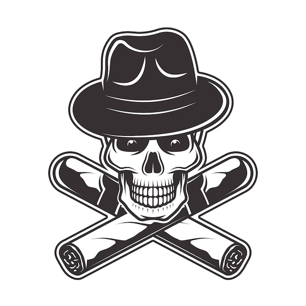 Skull in gangster hat and two crossed cigars  illustration in monochrome   on white background