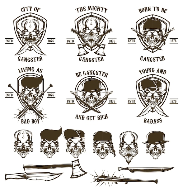 skull gangster logo set 