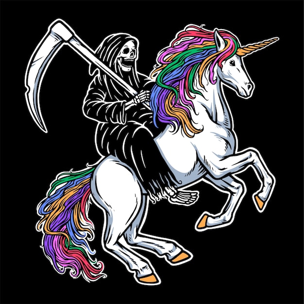 Skull grim riding a unicorn isolated on black