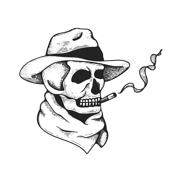 Skull hand drawing vector illustration Skull in engraving style Skull in a hat with a cigar