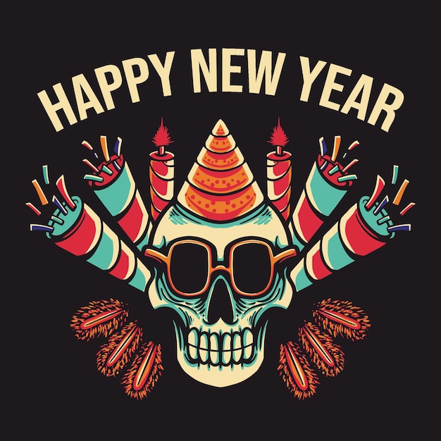 Skull Happy New Year 2022 Retro Vector Illustration