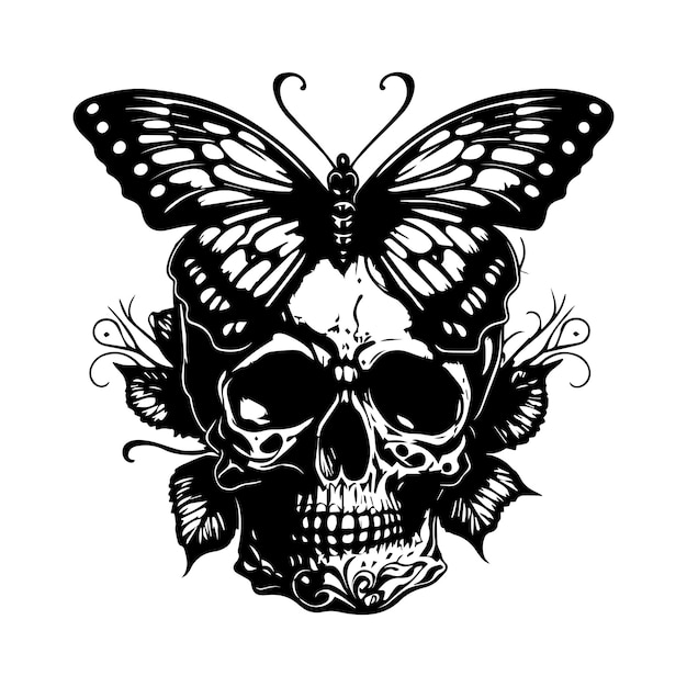 skull head and butterfly line art hand drawn illustration