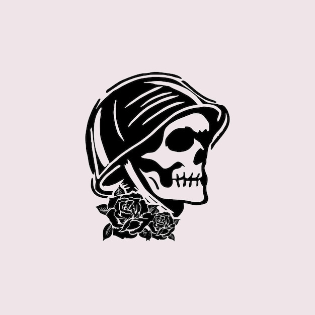 Skull Head Helmet Roses Logo Design Vector