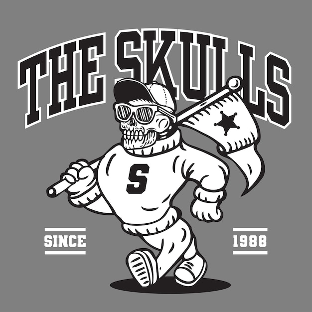 Skull Head Mascot Character Design in Sport Vintage Athletic Style Vector Design