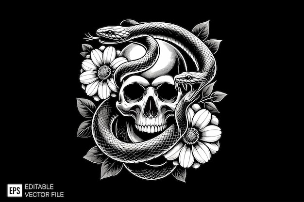 Vector skull head and snake dark art style vector design black and white illustration