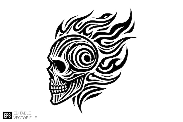 Vector skull head tribal flame vector art illustration graphic design black and white