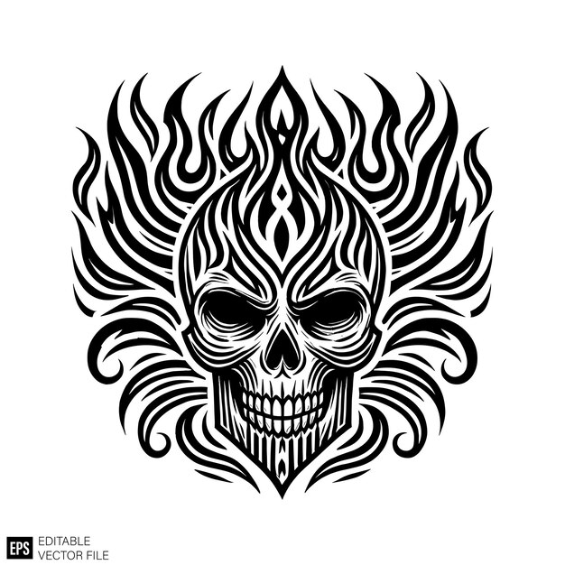 Vector skull head tribal flame vector art illustration graphic design black and white