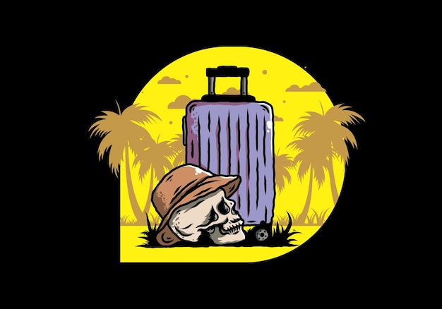 Skull head wearing a hat under a traveling suitcase illustration