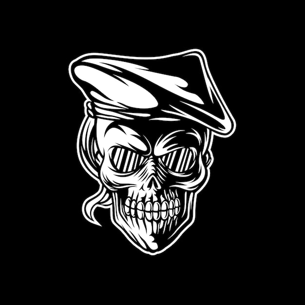 Skull head wearing pirate hat logo