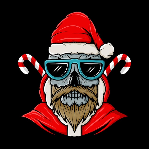 Skull head with santa claus christmas hat illustration