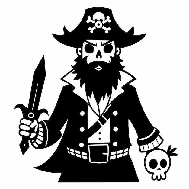 Skull Headed Pirate with Sword and Skull in Bold Black and White Illustration