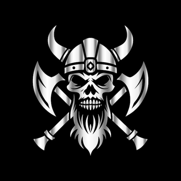 Vector skull in helmet and crossed axes vector illustration on black background