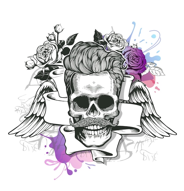 Vector skull hipster silhouette with mustache and tobacco pipe ribbon wings bouquet of roses on