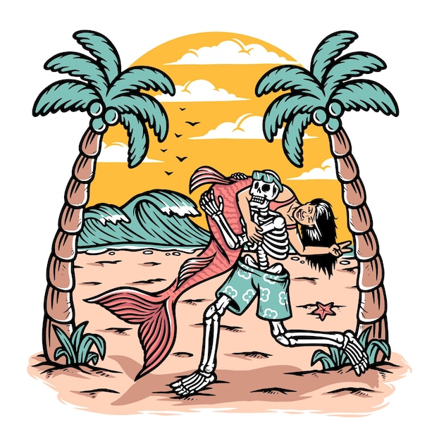 Skull holding a mermaid on the beach