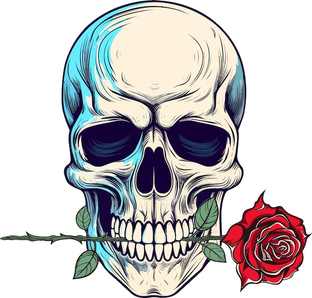 Skull holding rose in mouth