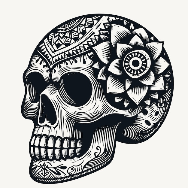 skull illustration with engraving style