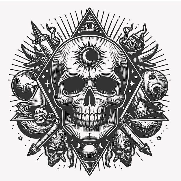 skull illustration with engraving style