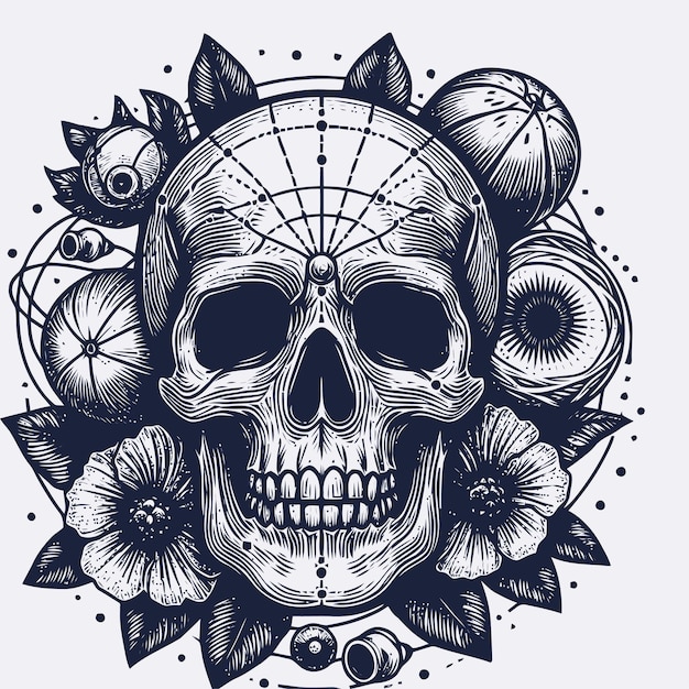 skull illustration with engraving style