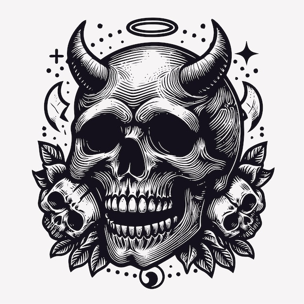 skull illustration with engraving style