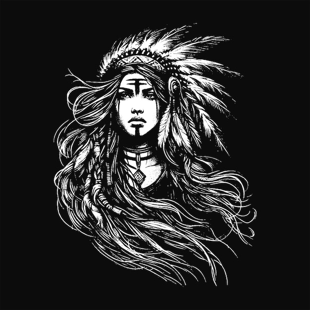 Skull Indian Apache Girl with Traditional Hat Grunge Vintage Style Hand Drawn Illustration Black and White