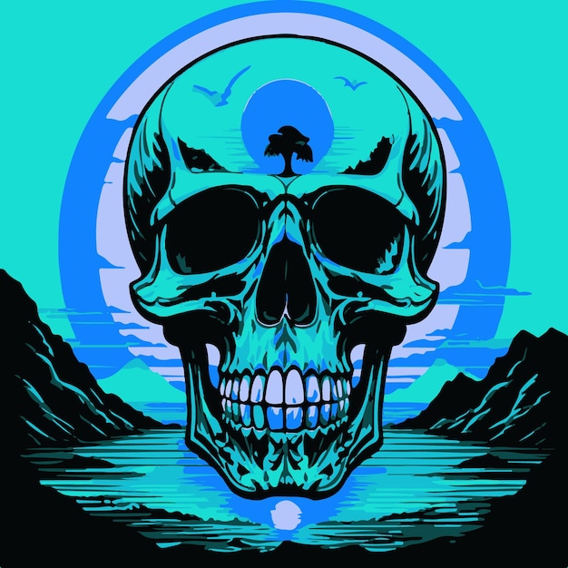 a skull is on the top of a mountain with a moon in the background