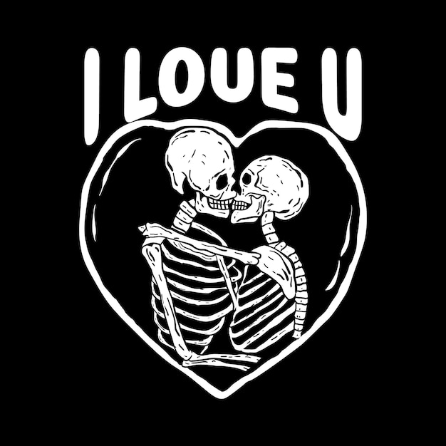 Vector skull kiss with the words i love u hand drawn illustrations for the design of clothes tattoo etc