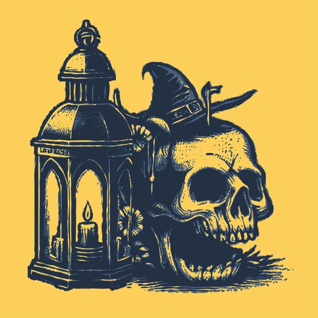 Vector skull lantern witch hat illustration