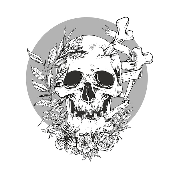 skull line sketch with flower