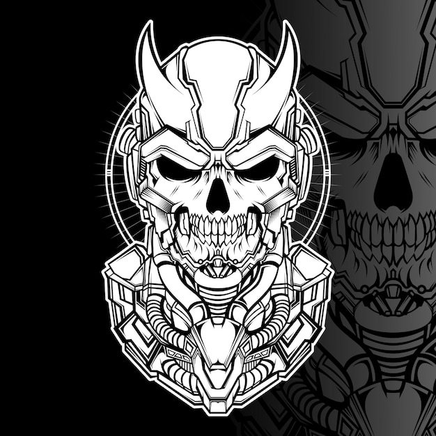 skull mecha illustration line art