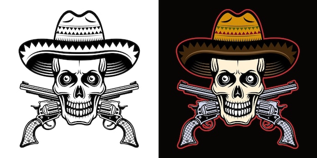 Skull in mexican sombrero hat and crossed pistols vector illustration in two styles black on white and colorful on dark background