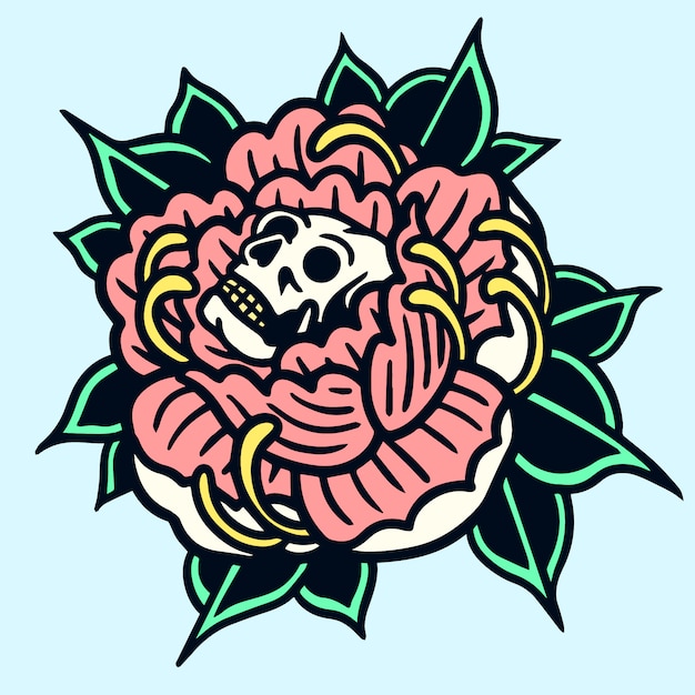 Skull Peony Old School Tattoo Illustration