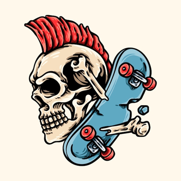 Skull Punk And Skateboard Illustration