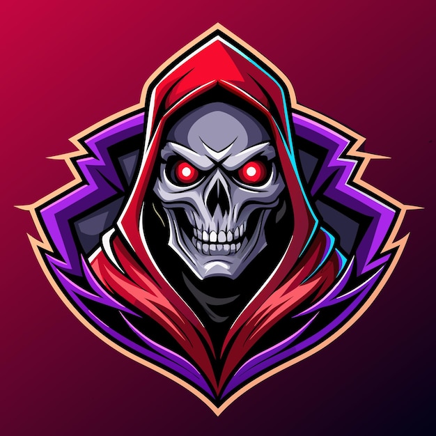 A skull in a red hooded cloak with glowing red eyes and a purple design behind it