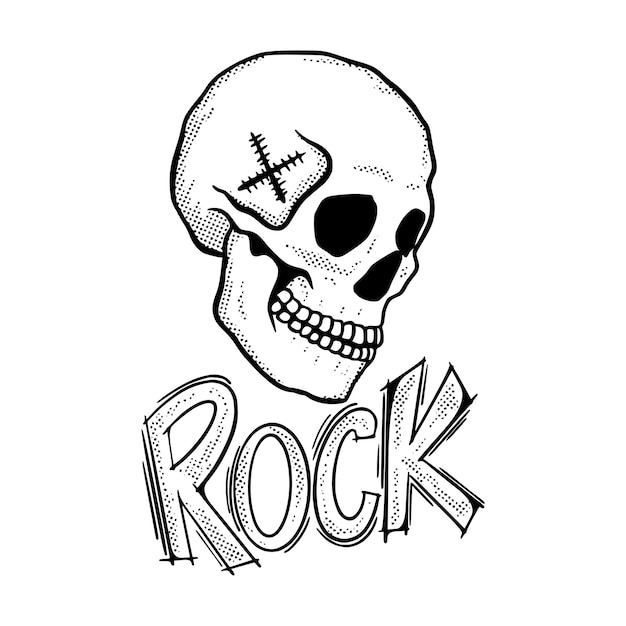 Skull rock doodle black and white illustration hand drawn vector