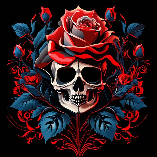 Skull and roses dead skeleton head and red flowers hand drawn vintage gothic tattoo