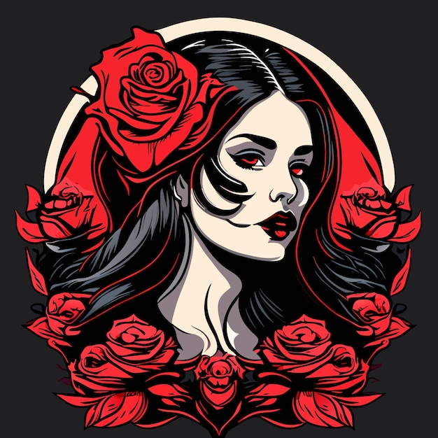 Skull and roses dead skeleton head and red flowers hand drawn vintage gothic tattoo