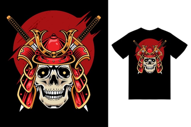 Skull samurai illustration with tshirt design premium vector