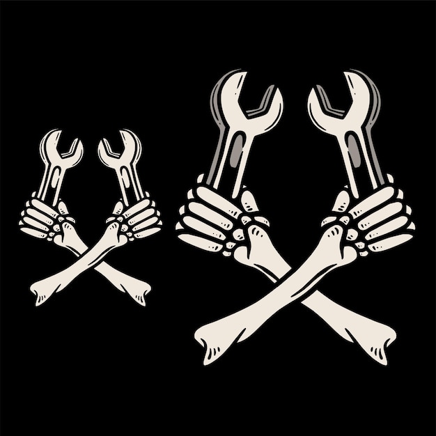 skull skeleton hand holding garage tool wrench key hand drawn illustration