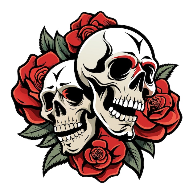 Vector a skull and a skull are on a white background with red roses