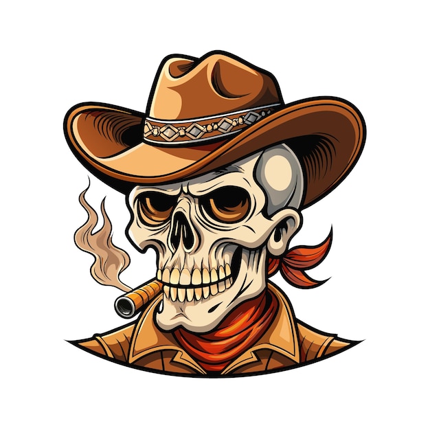 Vector skull smoking a cigarate his head wearing a cowboy hat