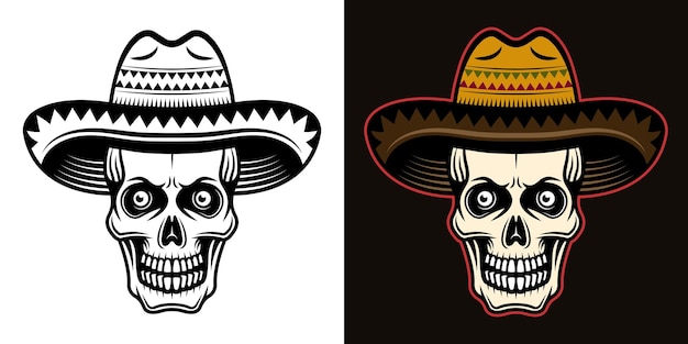 Skull in sombrero hat vector illustration in two styles black on white and colorful on dark background